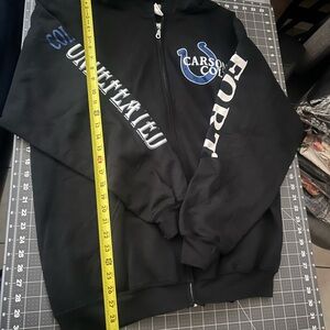Gildan Black Zip-Up Hoodie with Blue and White Graphics